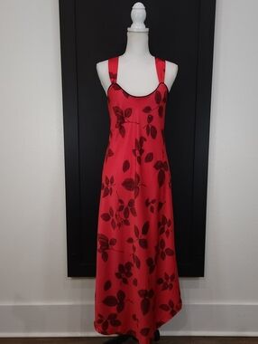 Vintage 80s Natori for Neiman Marcus Red Leaf Print Slip Dress Satin Nightgown